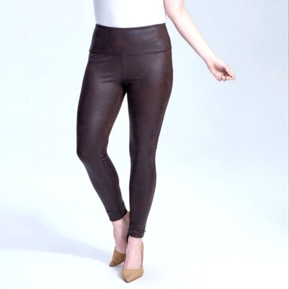 Seven7 Espresso Vegan Leather Rustic Coated Sculpted Leggings. Medium - Picture 1 of 7